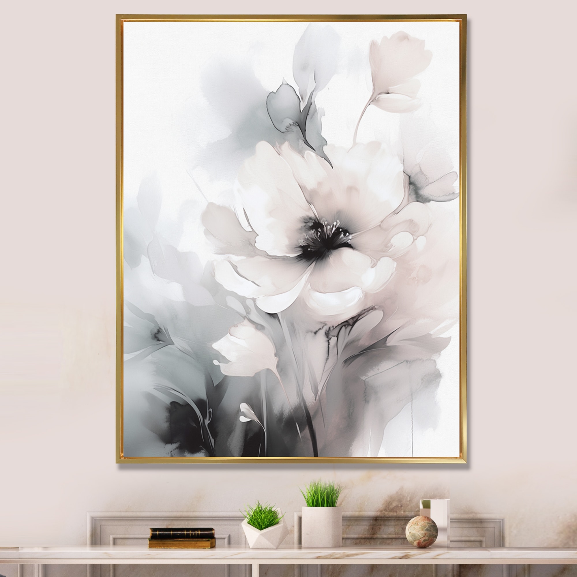 Designart "Soft Light Grey Flowers I" Floral Framed Canvas Wall Art