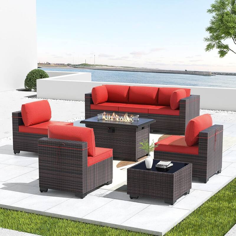 8 Pieces Outdoor Patio Furniture Set, All Weather PE Wicker Sectional Conversion Sofa set w/ Firepit Table - Red