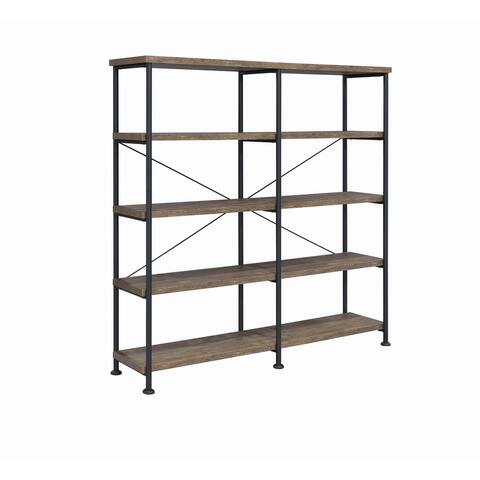 4 Tier Wood and Metal Frame Bookcase with Criss Cross Design, Rustic Brown