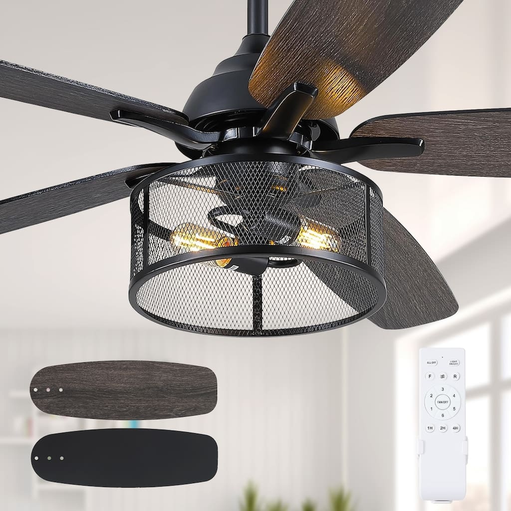 56 Inch Ceiling Fan with Caged Light and Plywood Blades for Farmhouse Living Room Bedroom