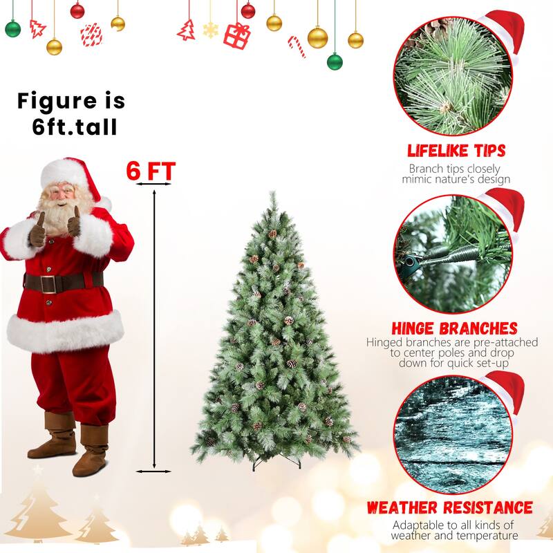 Artificial Christmas Tree - PVC & Hard Needle Branches, Pine Cones, Hinged Structure, Metal Stand - Green
