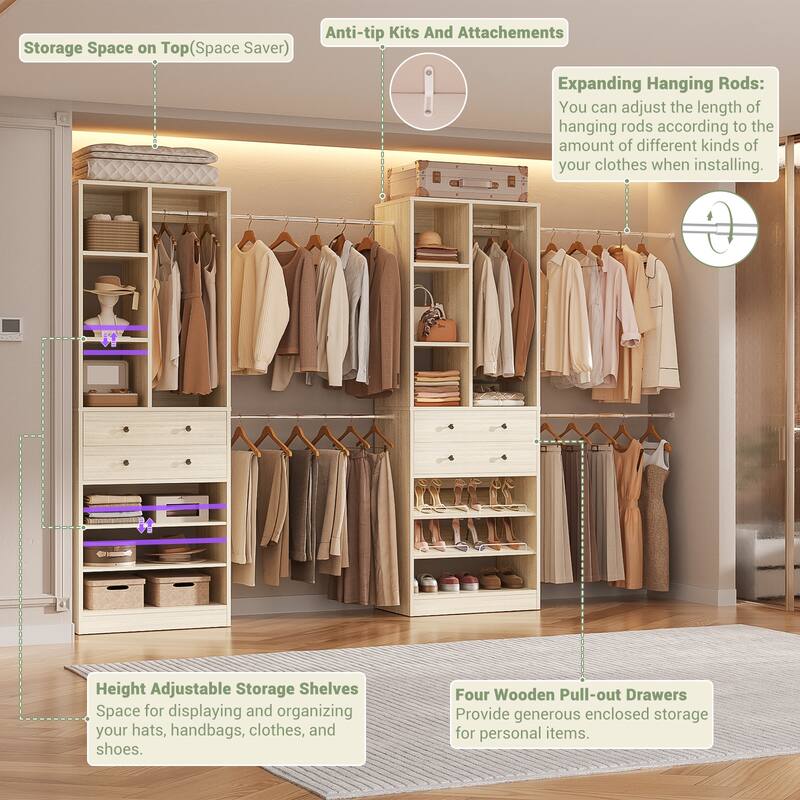 Set of 2 Closet System with 6 Hanging Rods and 4 Drawers, Adjustable Closet System with Shelves and Shoe Rack