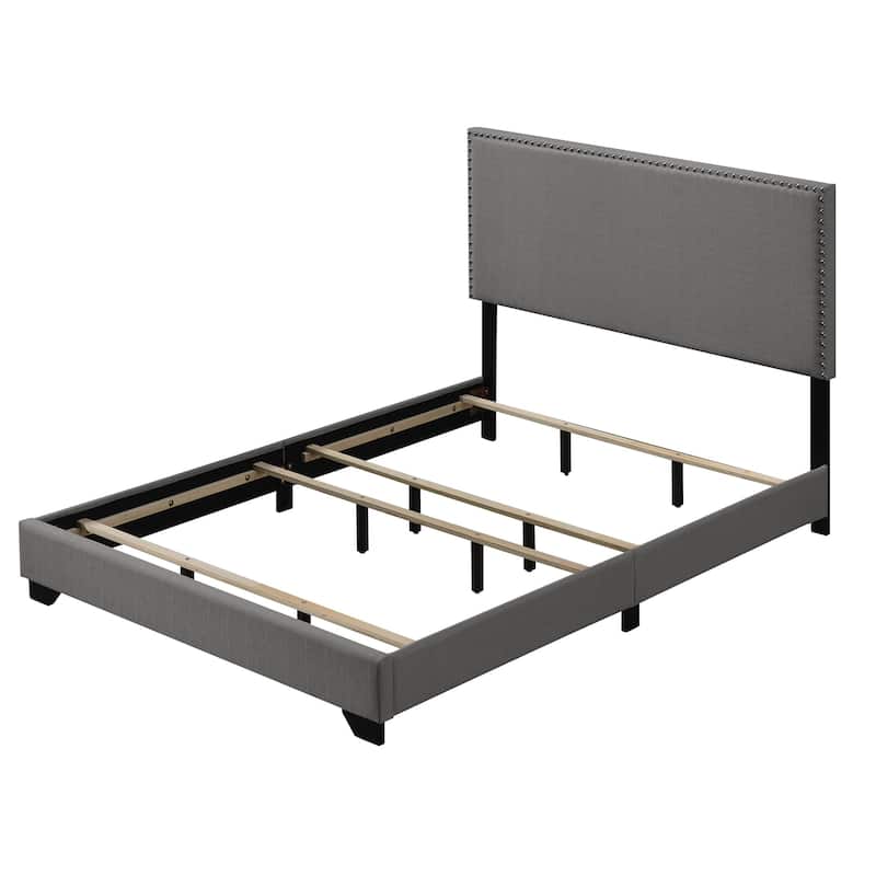 Queen Size Upholstered Panel Bed with Nailhead Trim and Wooden Legs