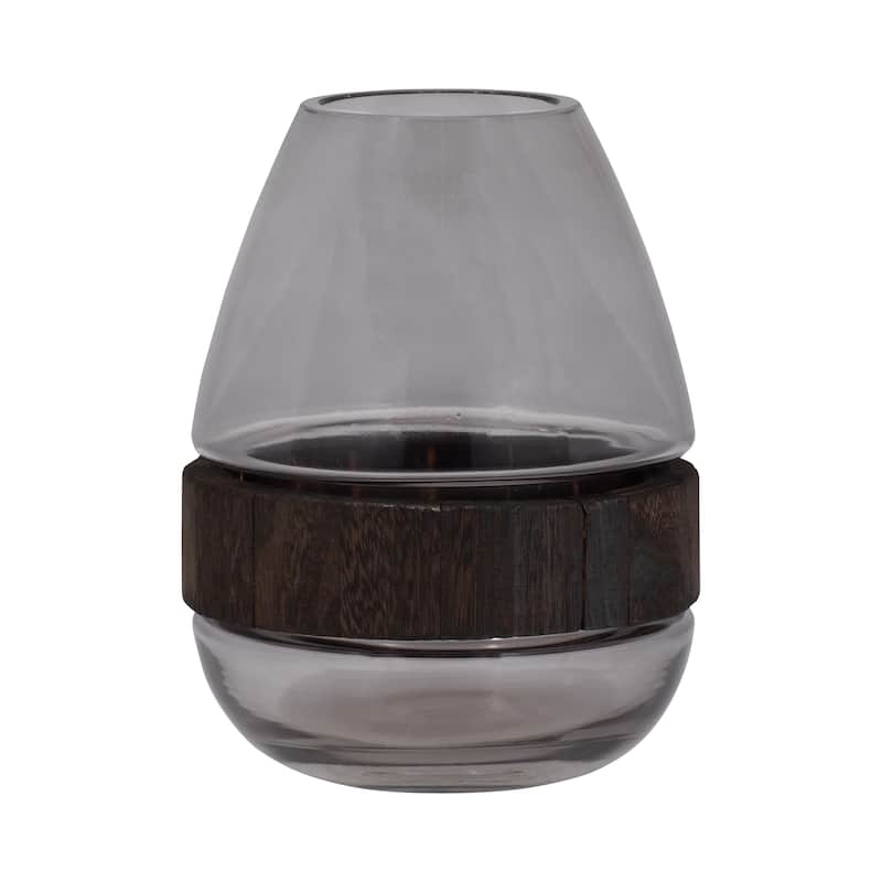 Sagebrook Home Glass Clear Frost Round Belly Vase With Wood Band - 7" x 7" x 10"