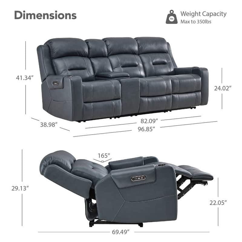 Spruce & Spring Genuine Leather Power Reclining Sofa with Wireless Charging