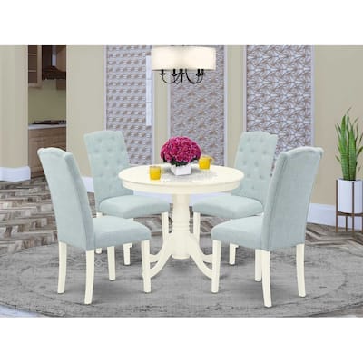 HomeStock 5-Piece Round Linen White Finish Solid Wood Top Dining Table with 4-Parson Chair with Lattice Back