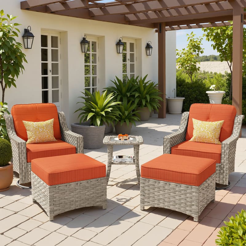 OVIOS 5 Pieces Outdoor Wicker Curved Swivel Chair Set With Ottoman - Red/Orange