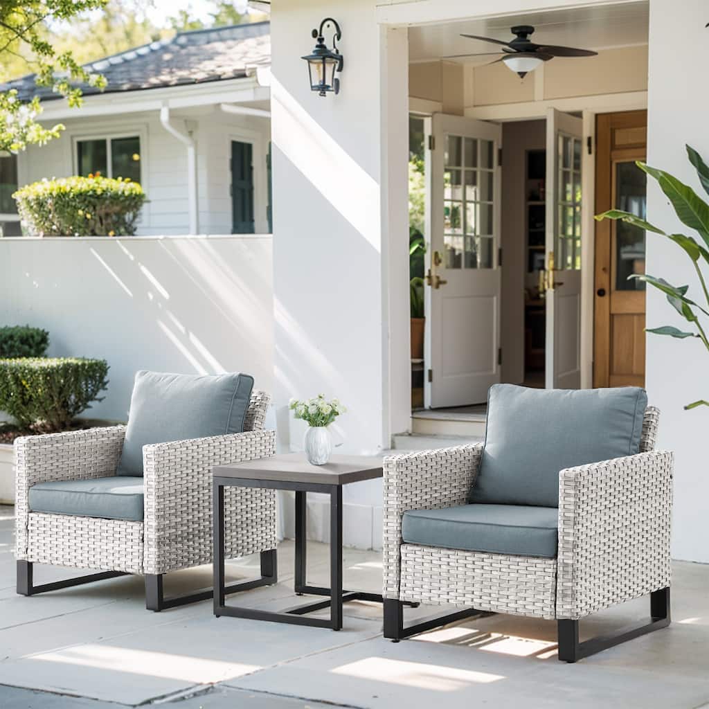 Wicker Outdoor High Back Patio Chairs with Table - Light Grey