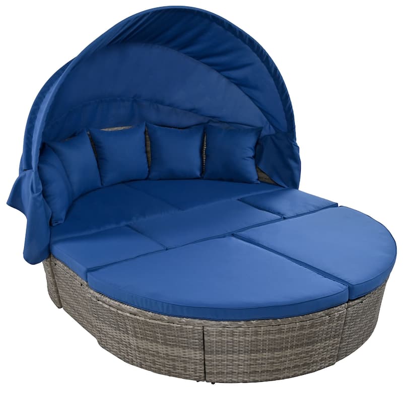 Outdoor rattan daybed sunbed with Retractable Canopy Wicker Furniture, Round Outdoor Sectional Sofa Set