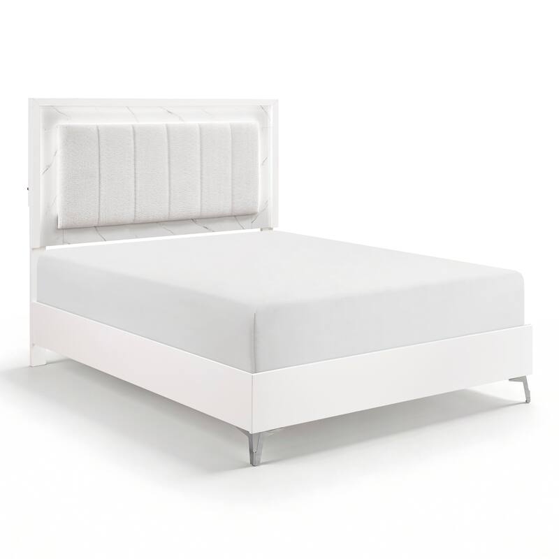 Glamorous White Finish Bedroom Set LED Bed Faux Marble Panels