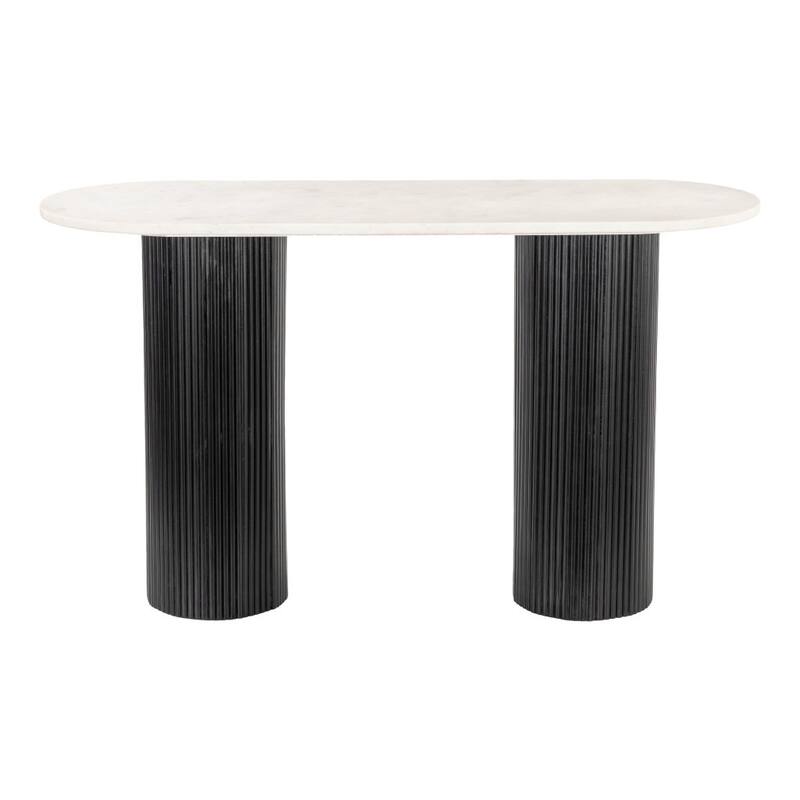 HomeRoots 52" White and Black Genuine Marble and Solid Wood Oval Double Pedestal Console Table