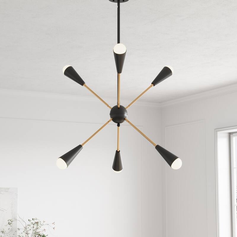 Modern Sputnik Black and Gold Linear Chandelier for Living Room Kitchen - 6-Light: 24.4 in. W x 24.4 in. D x 25.9 in. H