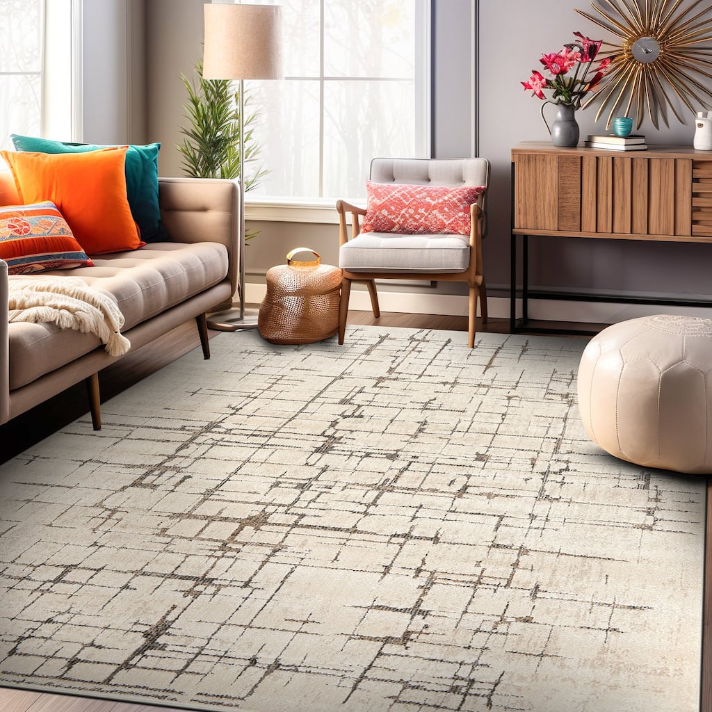 World Rug Gallery Modern Abstract Linear Ivory Mist Cream Indoor High-Low Area Rug