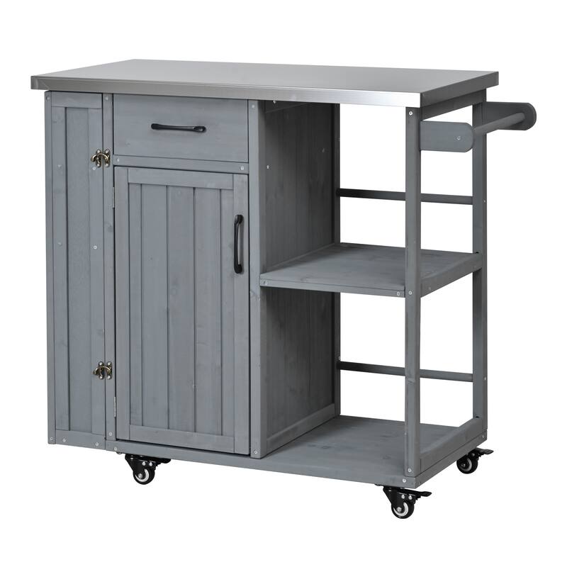 Fir Wood Outdoor Kitchen Prep Station Cart with Stainless Steel Top & Towel Rack