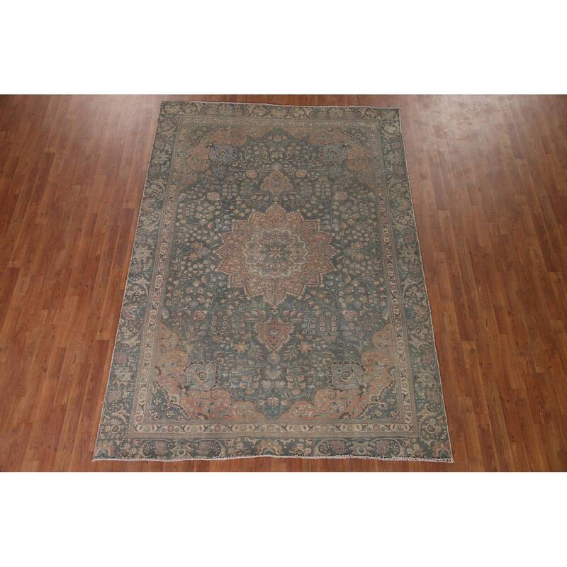 Green Tabriz Persian Vintage Area Rug Hand-knotted Wool Carpet - 6'5" x 8'11"