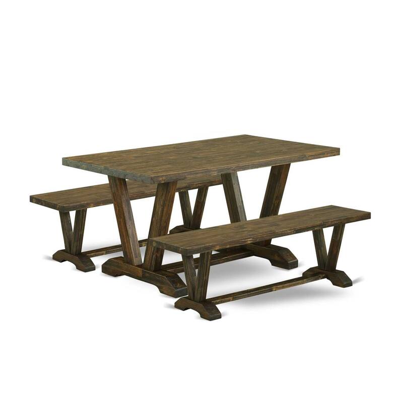 HomeStock 3-Piece Rectangle Distressed Jacobean Finish Solid Wood Top Dining Table with 2-Benches