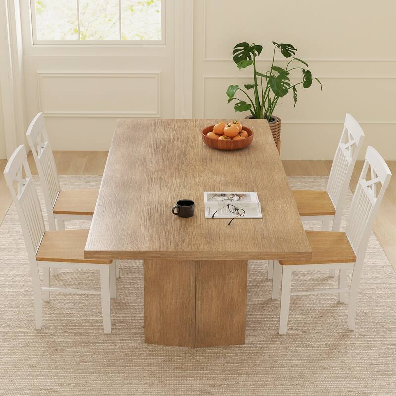 Set of 2 Rubber Wood Dining Chairs with Curved Slatted Backrest and Natural White Finish for Kitchen