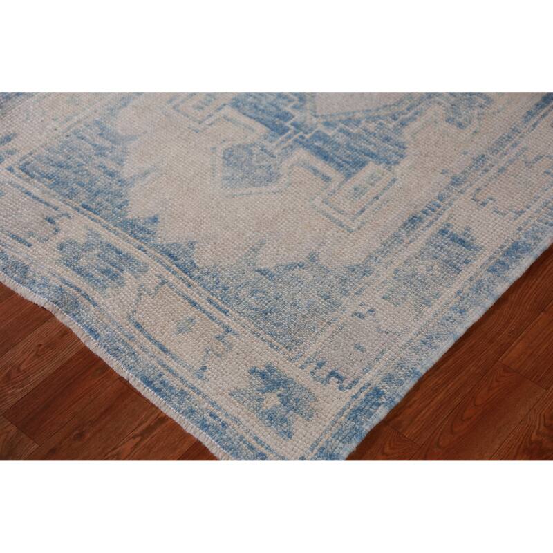 Hand Knotted Oriental 100% Wool Carpet Transitional Geometric Navy Blue & Blues Oushak Runner Rug - 17' 2'' X 3' 4''