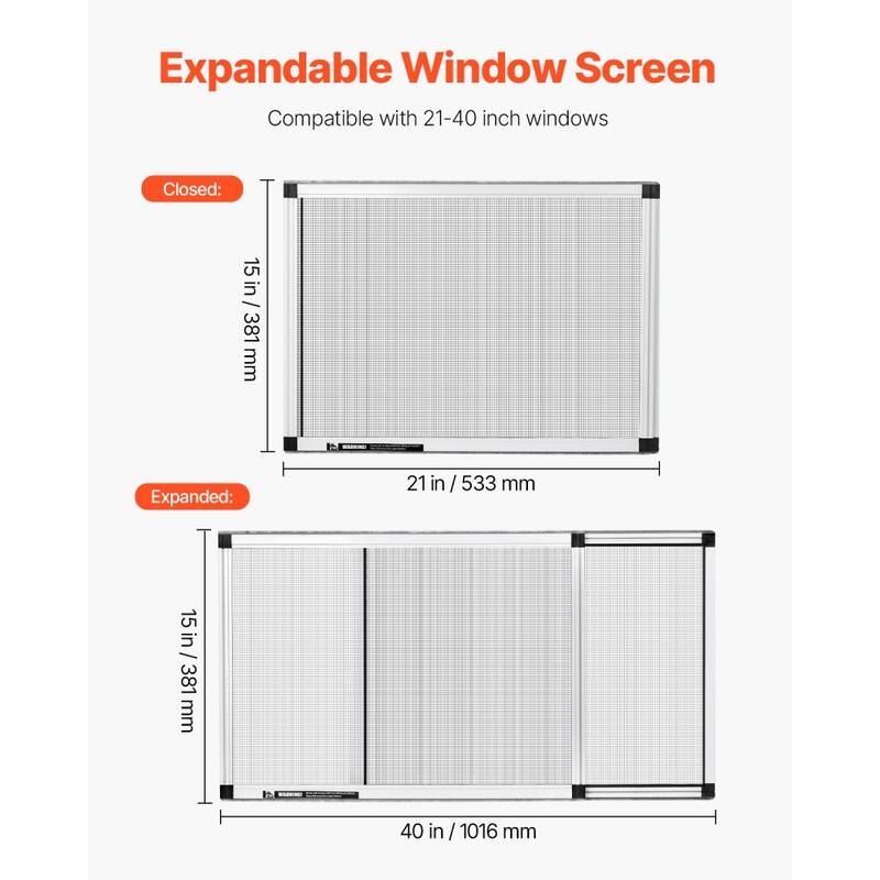 2 Pieces Expandable Window Screens White Adjustable Aluminum Frame High Transparency Mesh - 40” x 15” x 0.7”