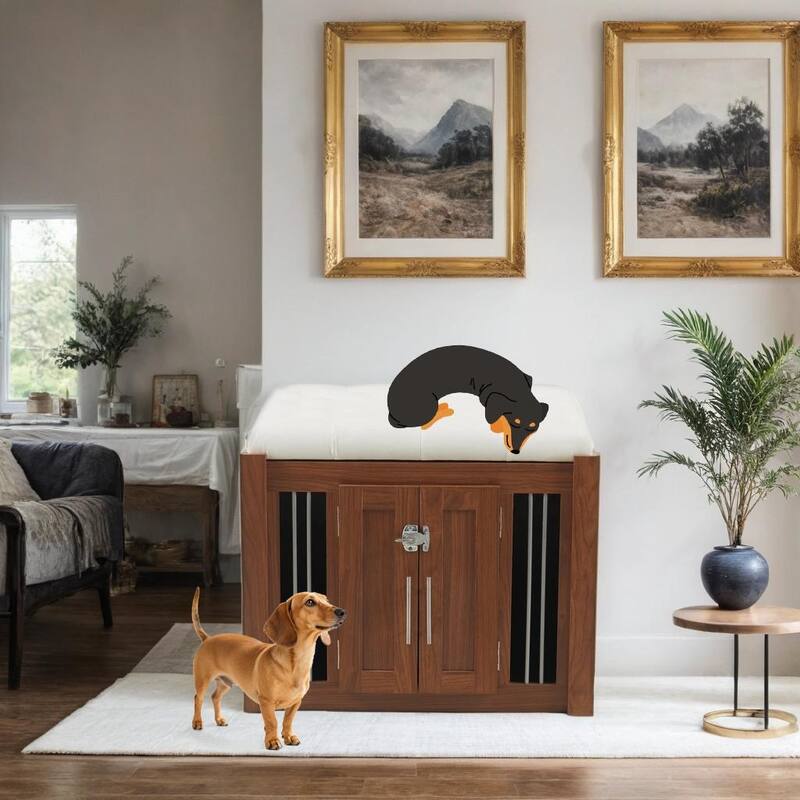30.25"L, Furniture Style 2 in 1 Dog Crate with Padded Seat, Sliding Barn Door, Luxury Wooden Dog Kennel