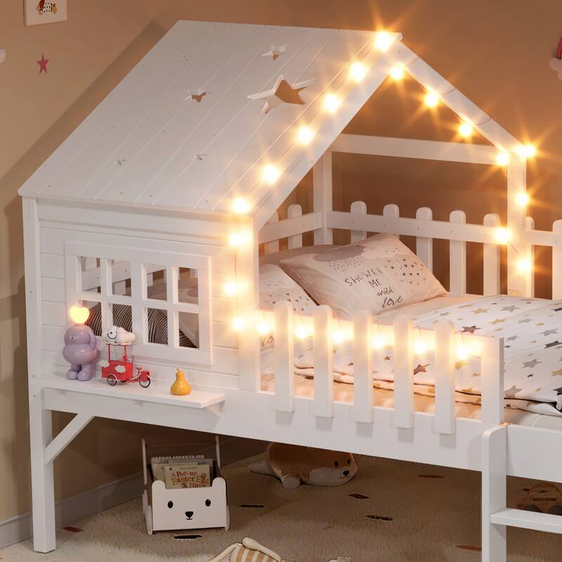 Full Size House Loft Bed with Slide,Playhouse Bed with Star Moon-shaped Designs and Window, Chic Design with LED Lights
