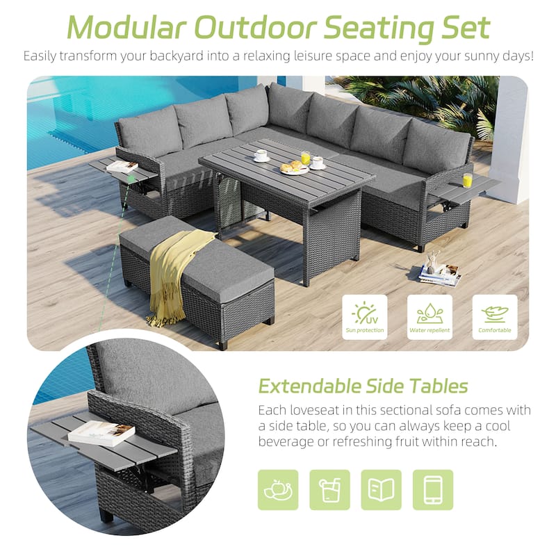 Roomfitters 5-Piece Outdoor Rattan Sofa Set, Patio Sectional Furniture with Dining Table, Storage Bench, Side Trays