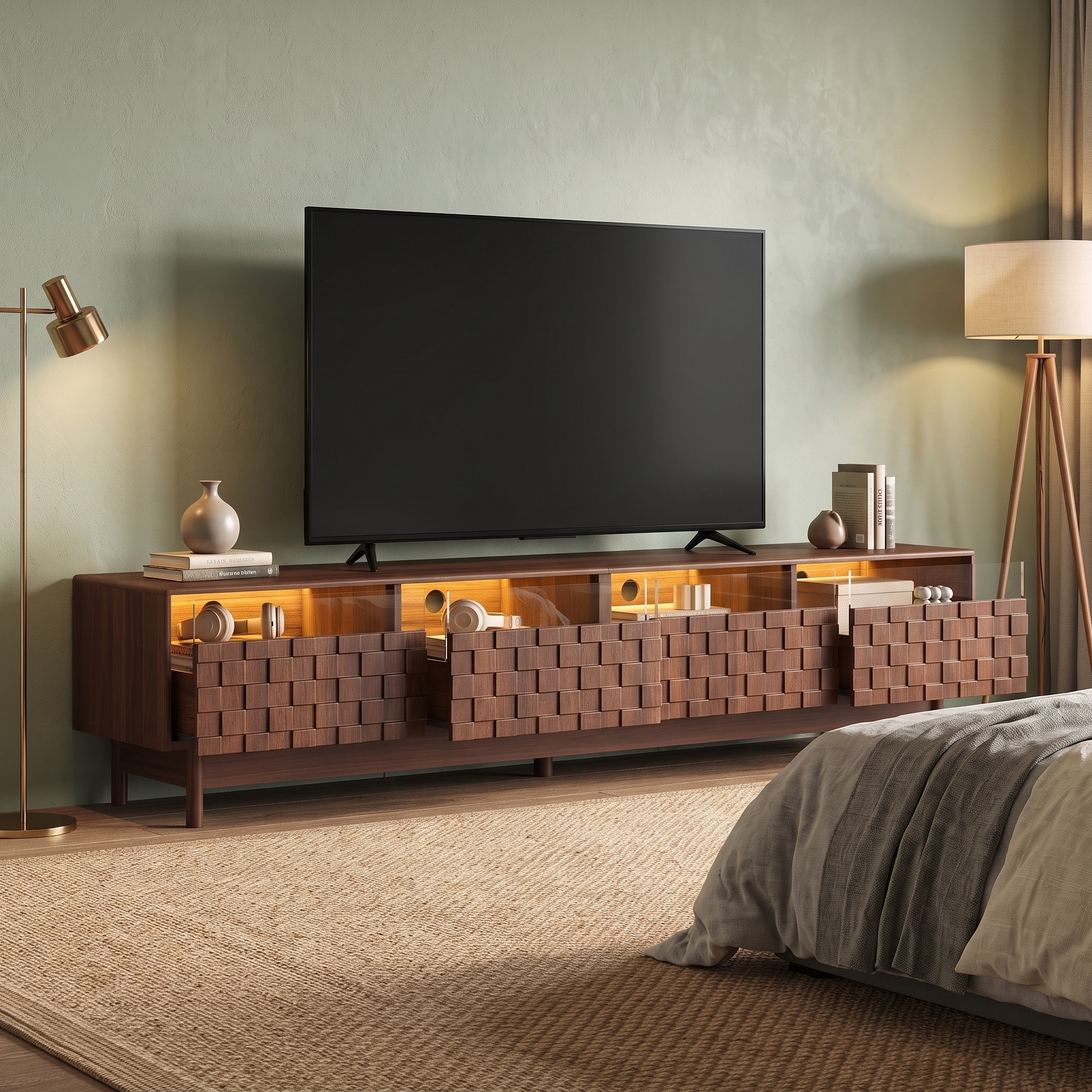 78.7 Inch TV Stand for 85 Inch TV, Modern Entertainment Center with LED Lights Glass Drawers Storage Console