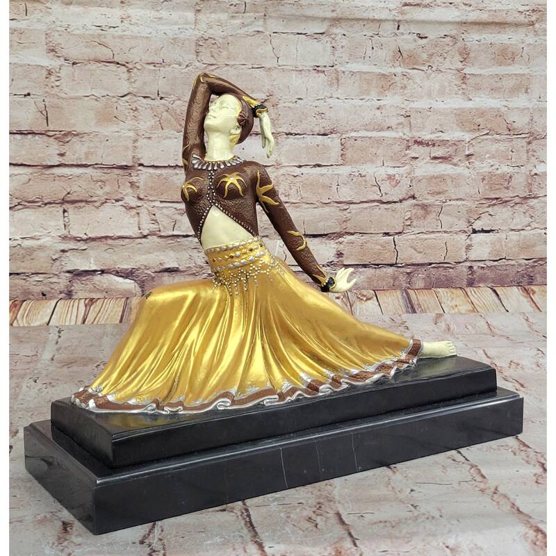 Art Nouveau Chiparus Dancer In Long Skirt - Gold Patina Bronze Sculpture