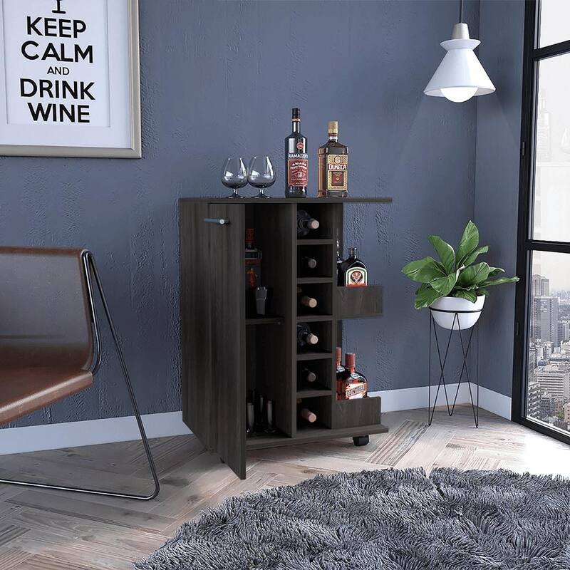 Black 32" H Bar-Coffee Cart with 6 Bottle Cubbies, 2 Open Shelves, and Locking Casters for Kitchen & Bar