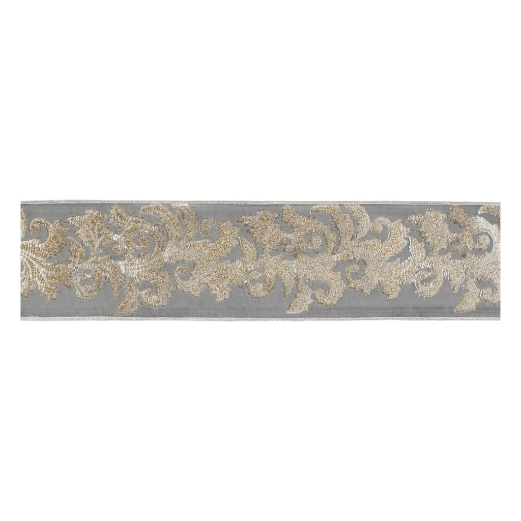 Glitter Embroidered Wired Ribbon 4"x5 Yds Grey Champagne Trim - 180” x 4”x 0.25”