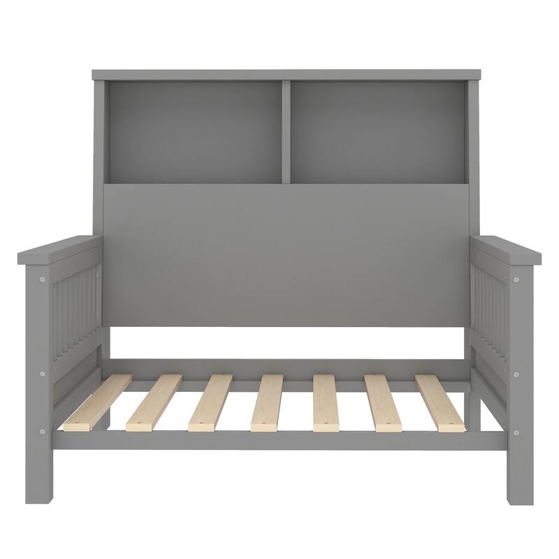 Pull Out Twin Size Platform Bed Converted into Baby Crib and Sofa with Storage Headboard and Removable Footboard