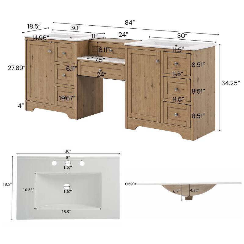 Christopher Knight Home - Wooden 84 Inches Double Sink Bathroom Vanity (Separate Sink) with Engineered Stone Countertop