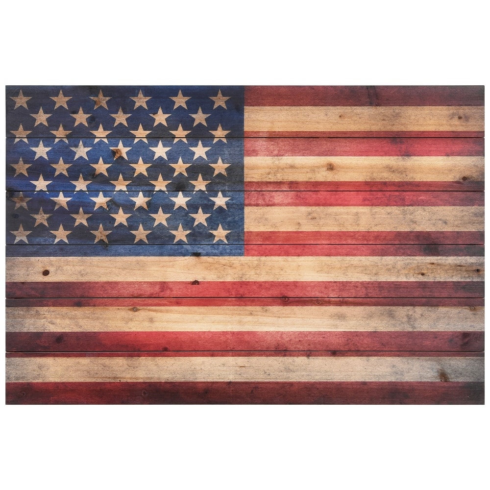 American Flag Print on Solid Fir Wood Plank Wall Art