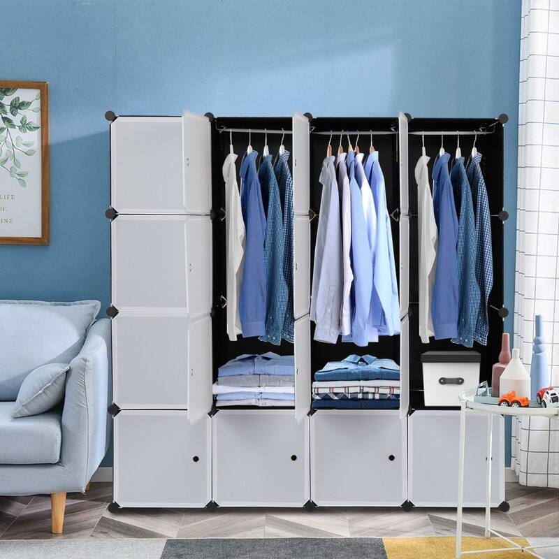 16 Cube Organizer Stackable Plastic Cube Storage Shelves Design with Hanging Rod - Black