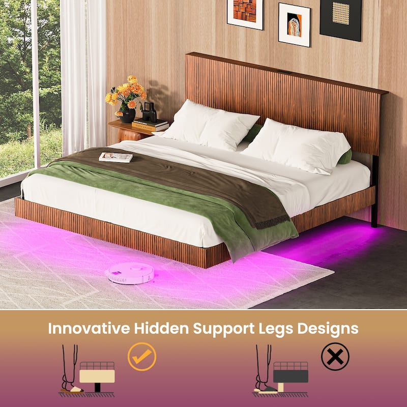 Floating Platform Bed with Charging Station and LED Lights, Wavy Headboard, Heavy-Duty Metal Slats, No Box Spring Required