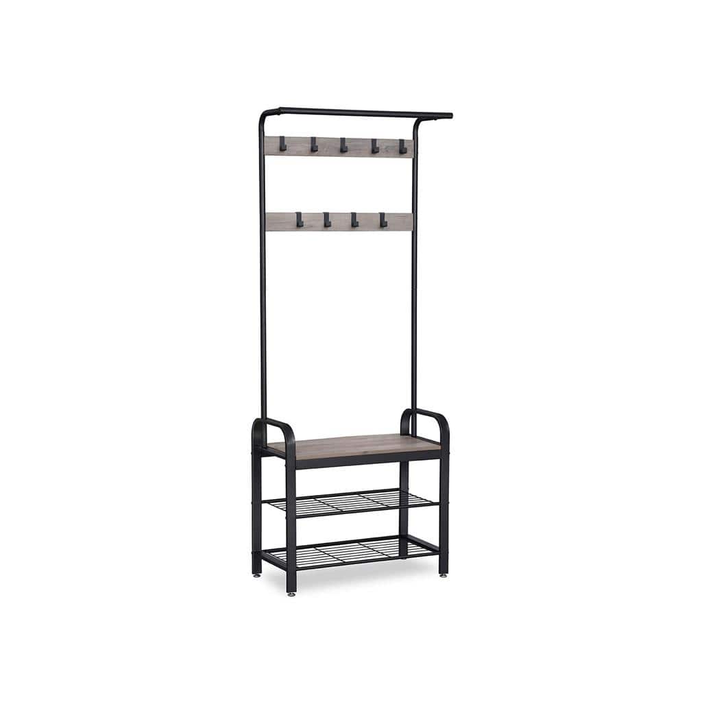 Grey-Black Hall Tree Entryway Storage Shelf with Wood Look Accent and Metal Frame - 13.3"D x 28.3"W x 72.1"H
