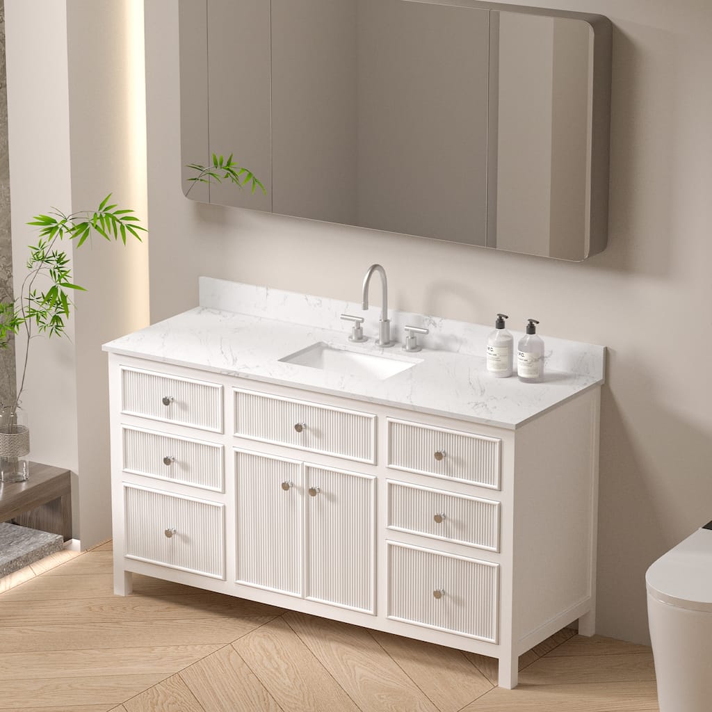 60 in Freestanding Bath Vanity Quartz Carrara White Countertop with Rectangular Sink - 60-60