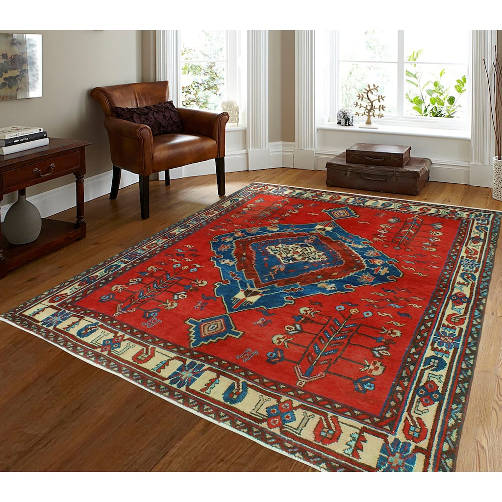 Fine Vintage Distressed Fattah Red/Navy Rug - 5'4" x 6'11"