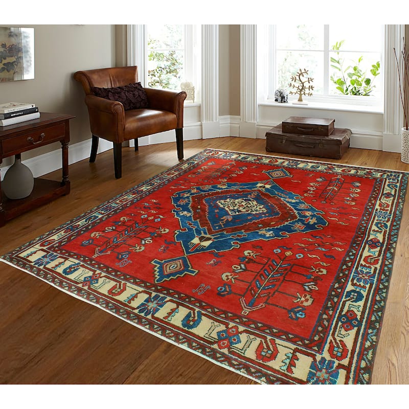 Fine Vintage Distressed Fattah Red/Navy Rug - 5'4" x 6'11"