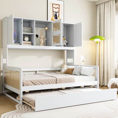 Full Size Wooden Daybed with Twin Size Trundle, All-in-One Cabinet & Shelf,Gray