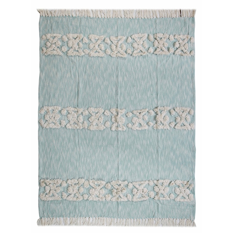 60" X 50" Blue and White Woven Cotton Geometric Throw Blanket with Fringe