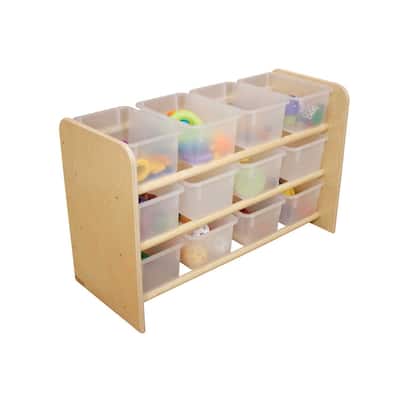 Wood Designs Sturdy 3 shelf Storage Rack with 12 Translucent Trays, Birch Wood Storage Organizer Unit with Bins - 21"