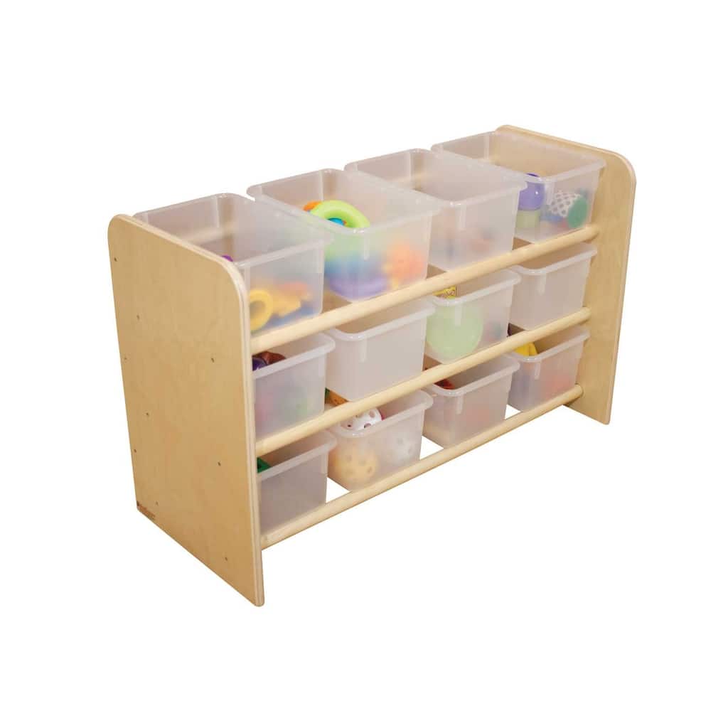 Wood Designs Sturdy 3 shelf Storage Rack with 12 Translucent Trays, Birch Wood Storage Organizer Unit with Bins - 21"