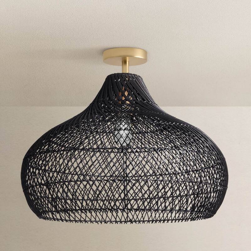Latigo Rattan Flush Mount - Rattan Black 1-Light Handwoven Ceiling Light for Bedroom or Dining Room in Farmhouse, Country Style