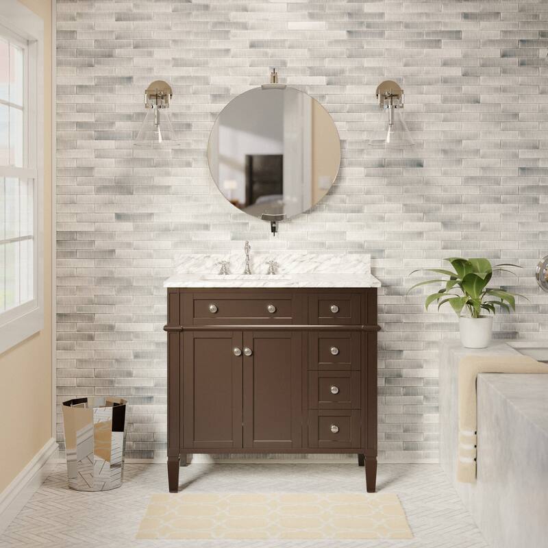 KitchenBathCollection Hailey 36" Bathroom Vanity with Carrara Marble Top - Chocolate