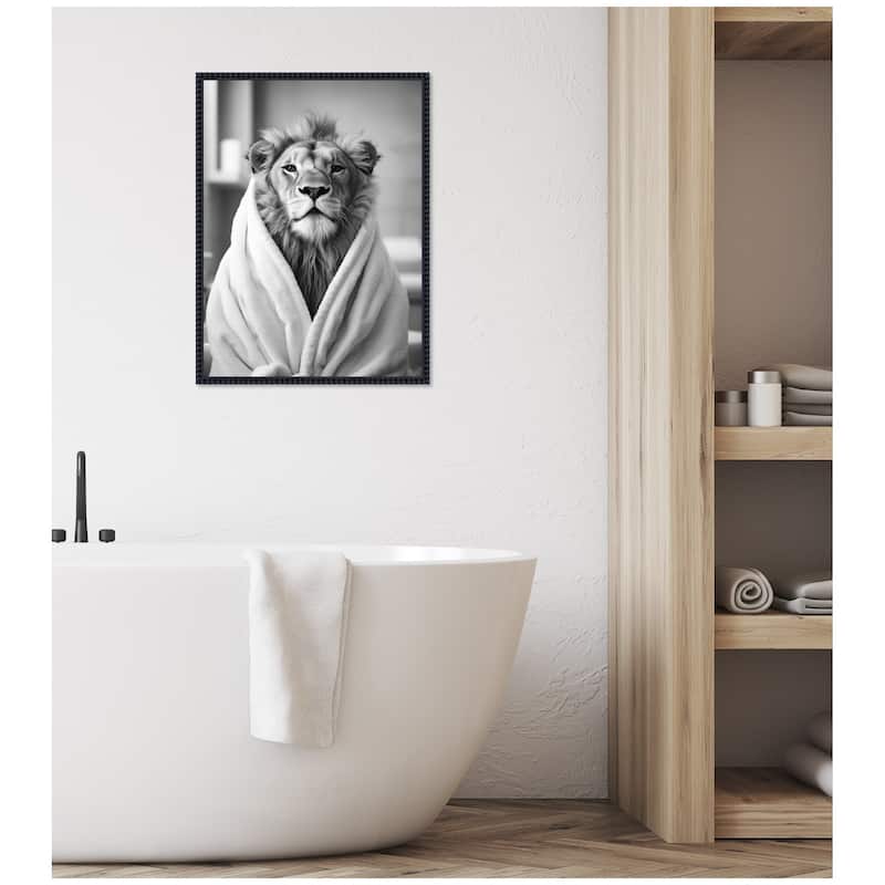 Kate and Laurel Sylvie Lion Bathroom Art Towel Robe Black and White Framed Canvas by The Creative Bunch Studio