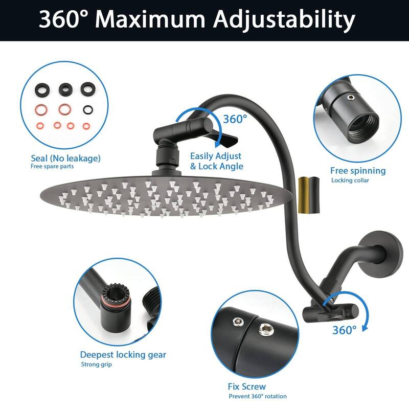 Bathlet 10" Rain Shower Head with Adjustable Height & Distance Extension Arm