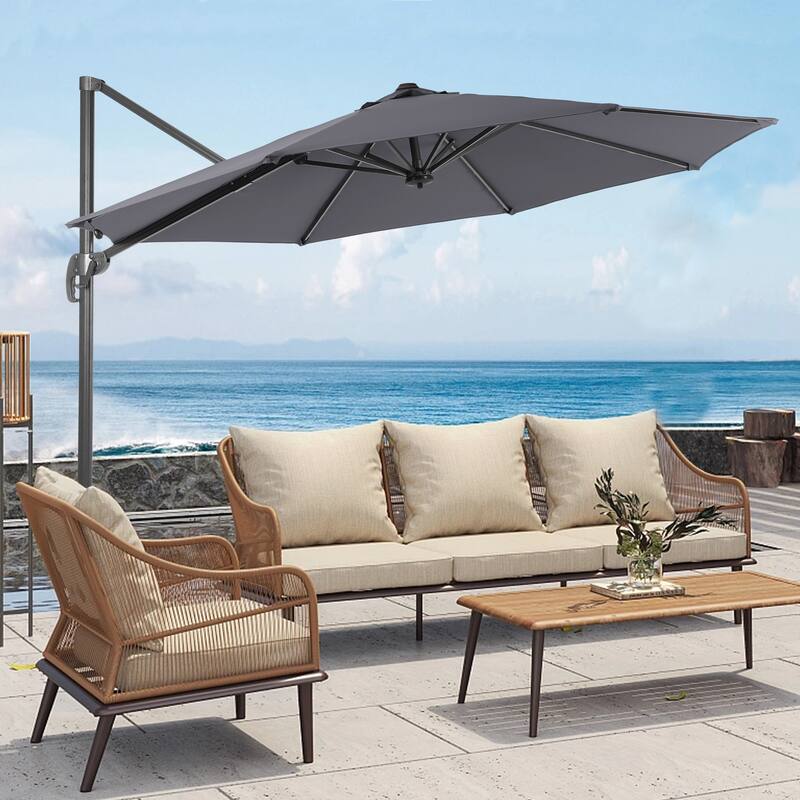 LIVOOSUN 11FT Cantilever Patio Umbrella 240g Solution-Dyed Fabric - Light Grey