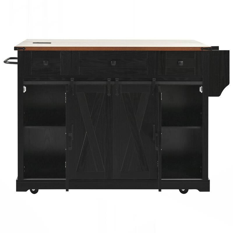 Farmhouse Kitchen Island with Storage, Rolling Kitchen Island on 5 Wheels with Spice Rack