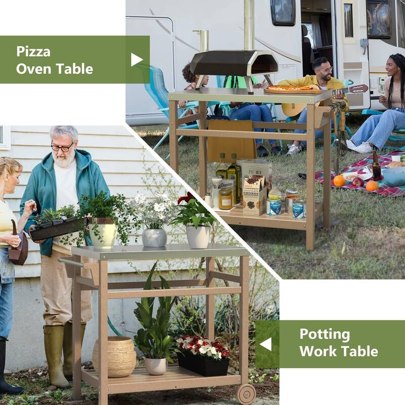 Portable Outdoor Grill Cart with HDPE Legs,Stainless Steel Top&Double-Shelf Storage for BBQ Prep Table